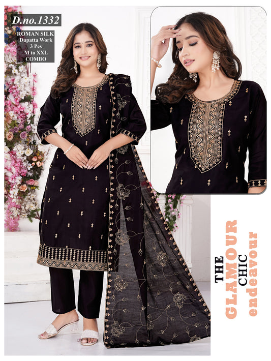 Black Roman Silk with Dupatta Set