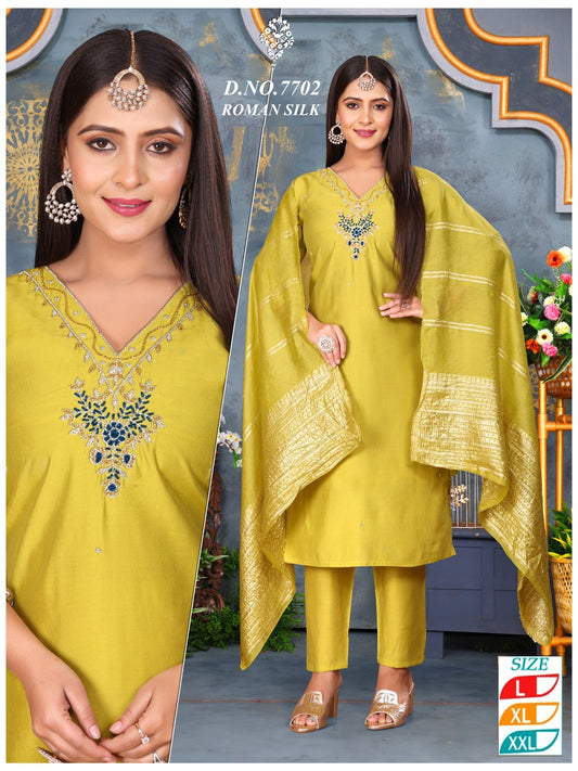 Yellow  Silk Hand Worked With Dupatta  Set