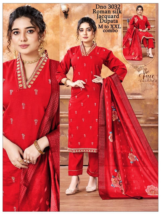 Red Roman silk jacquard dupatta set