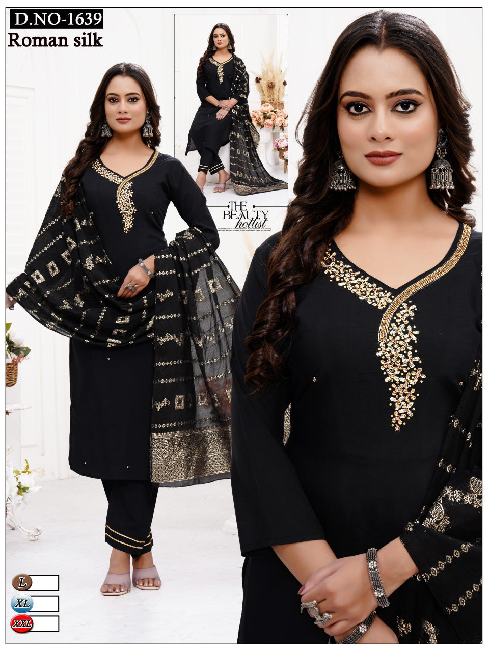 Black Roman Silk Heavy Pant And Dupatta Set